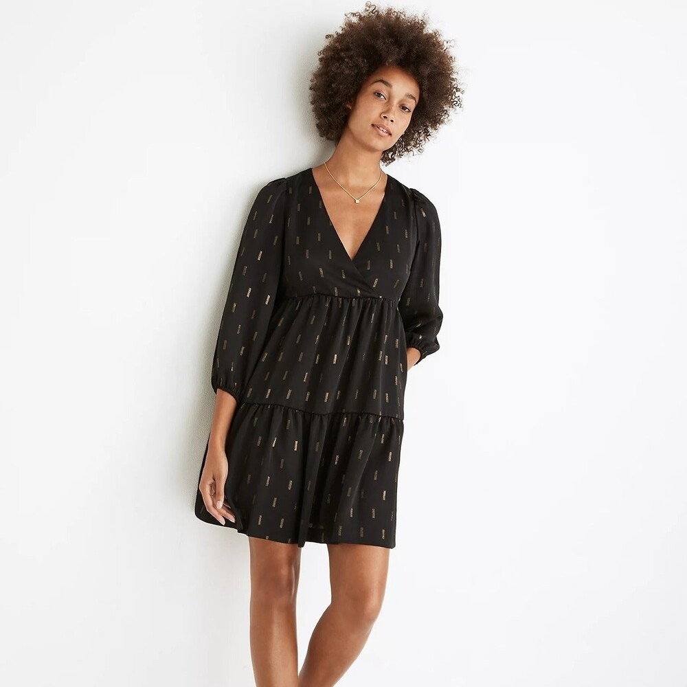 Madewell‎ Dress Women Size S Metallic Black Jacquard Faux-Wrap Puff Sleeves